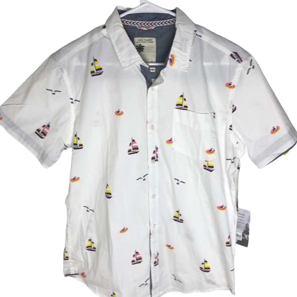 Free Planet Sail Boat All Over Print Button Up Shirt Mens Size L Eco Friendly